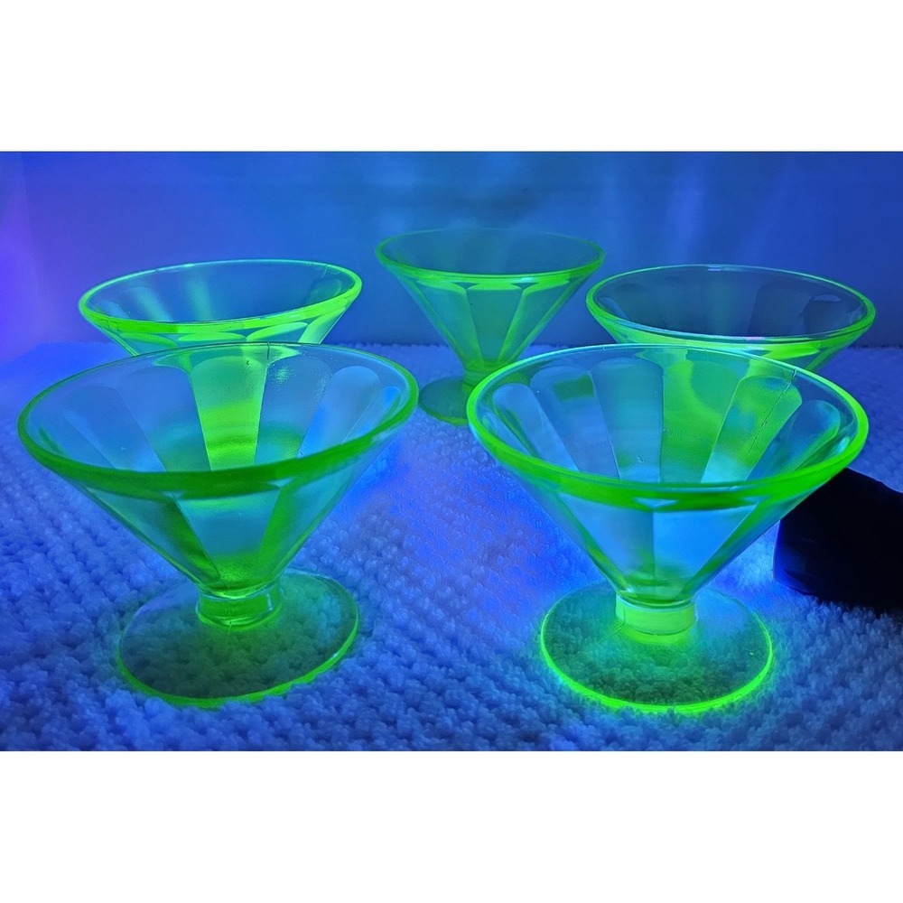 Set of 5 Vaseline Depression Glass Uranium Glass Dessert Dishes 3" tall x 4" wid
